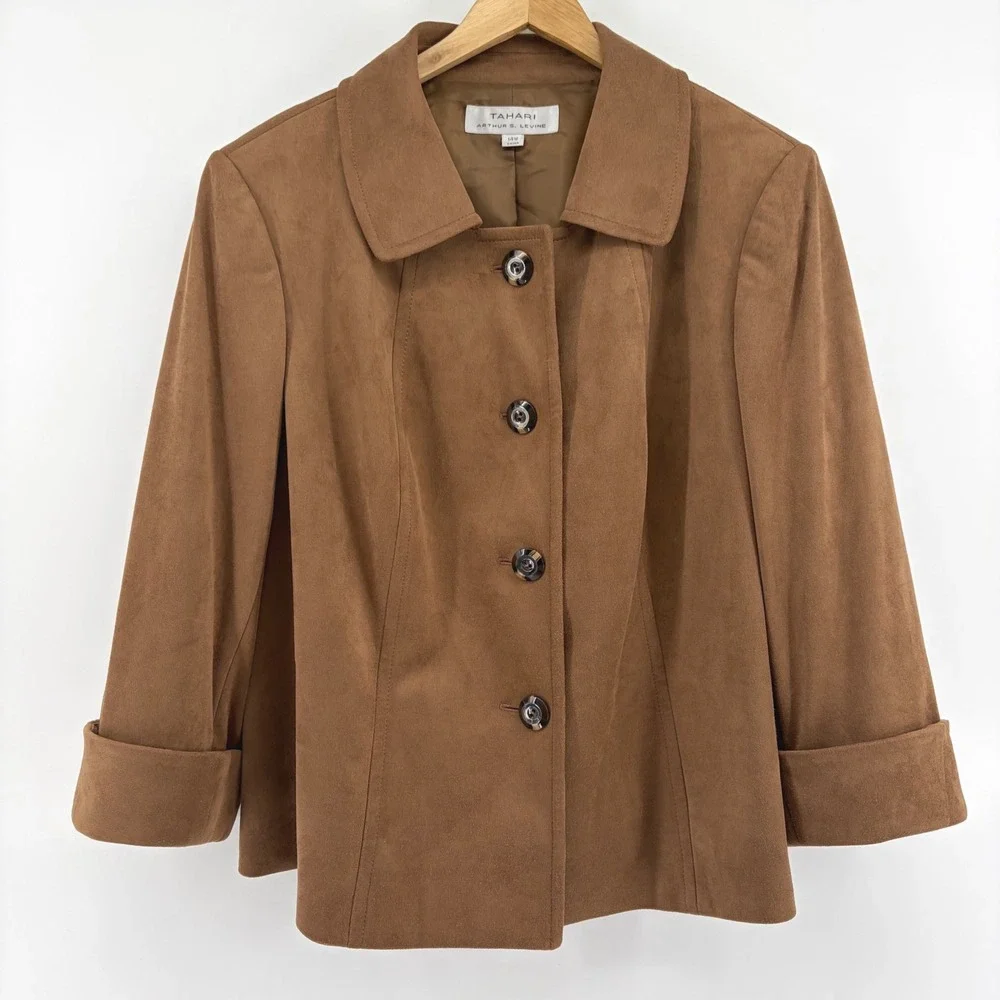 Tahari Arthur S Levine Faux Suede Jacket Camel Brown 14W Button Front 3/4 Sleeve